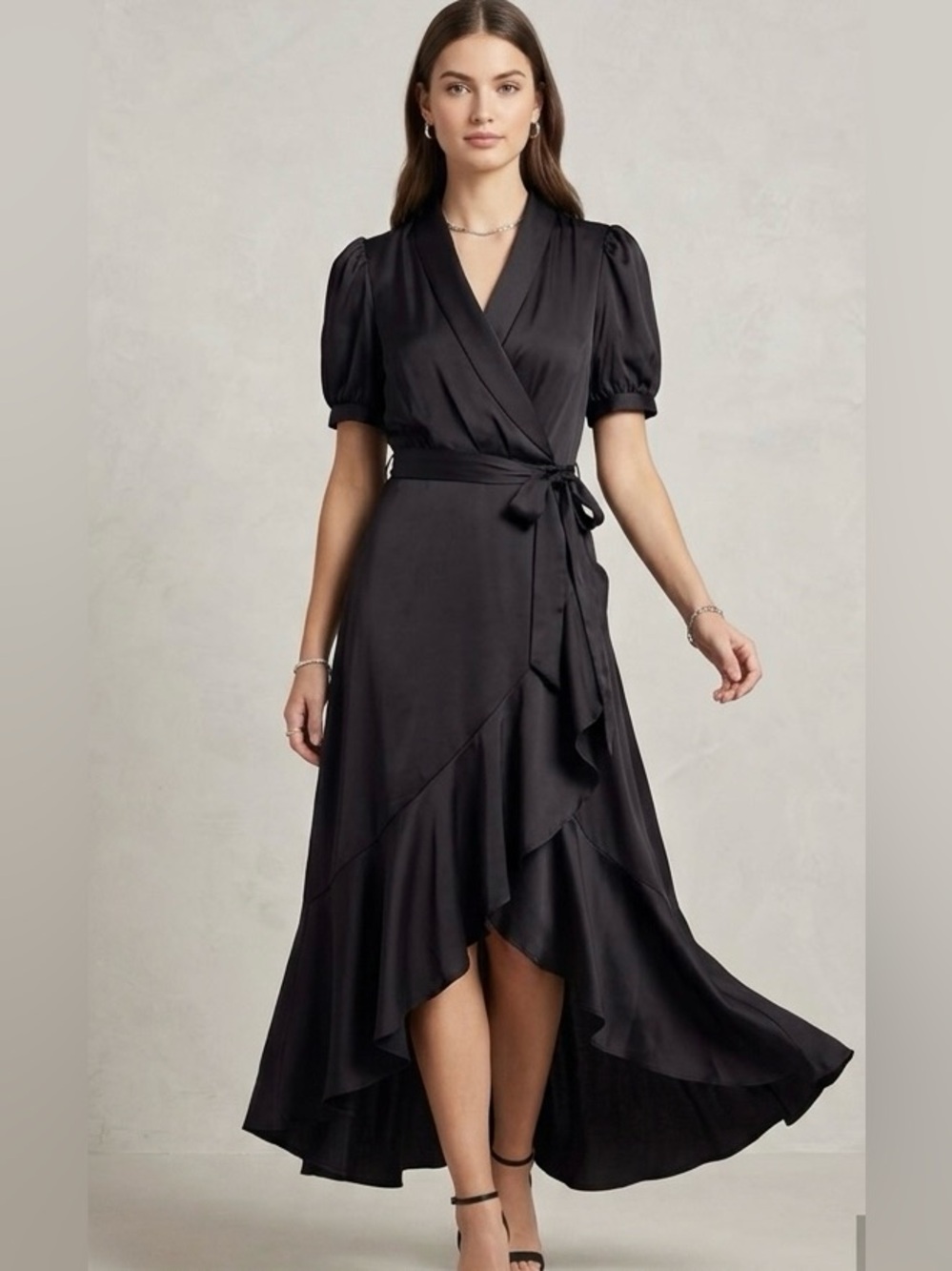 Nine West Wrap Dress Large Black Satin Ruffle High Low Maxi Evening Party Flirty